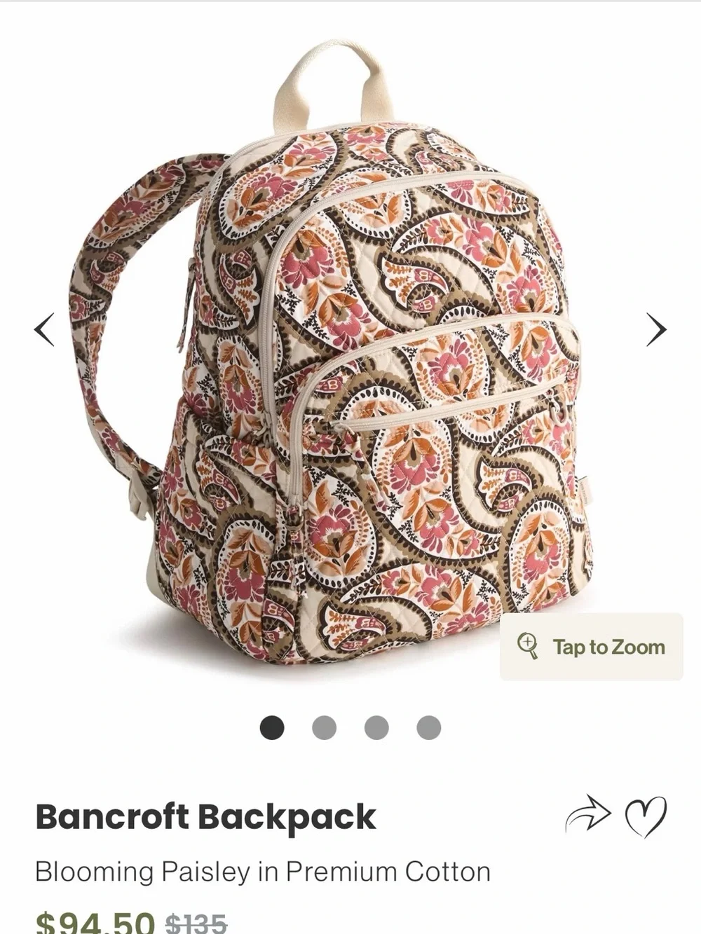 Vera Bradley Bancroft Backpack & Lunch Tote Set Blooming Paisley Premium Cotton